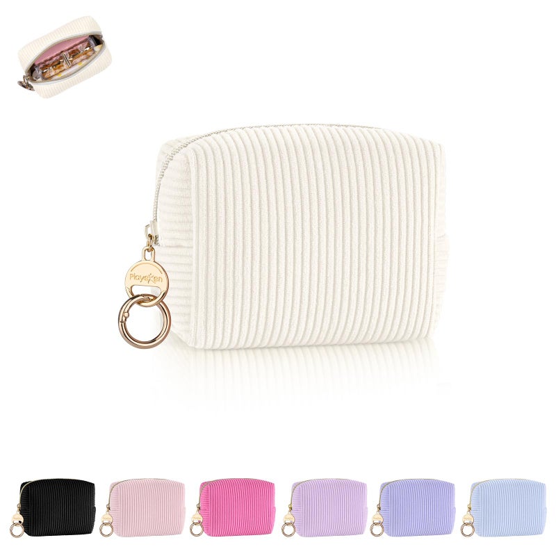 Playexen Mini Makeup Bag Corduroy Small Cosmetic Bag for Purse with Ring Buckle Portable Travel Makeup Pouch for Lipsticks Chapsticks Coin Earphone Credit Card Beige